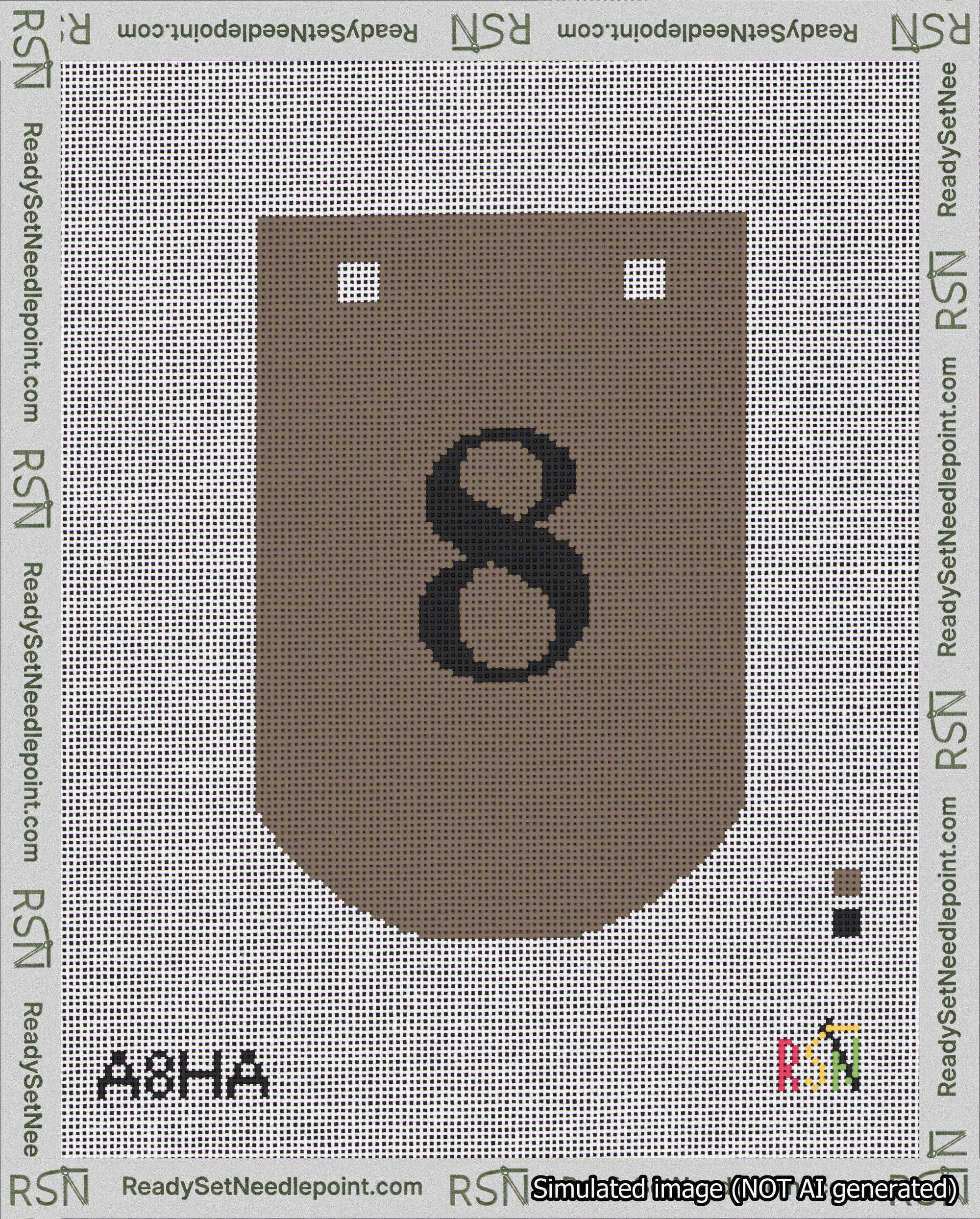 A taped needlepoint canvas with the design: Banner 18 mesh count Curved 8 Black on Brown.