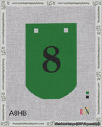 A taped needlepoint canvas with the design: Banner 18 mesh count Curved 8 Black on Green.