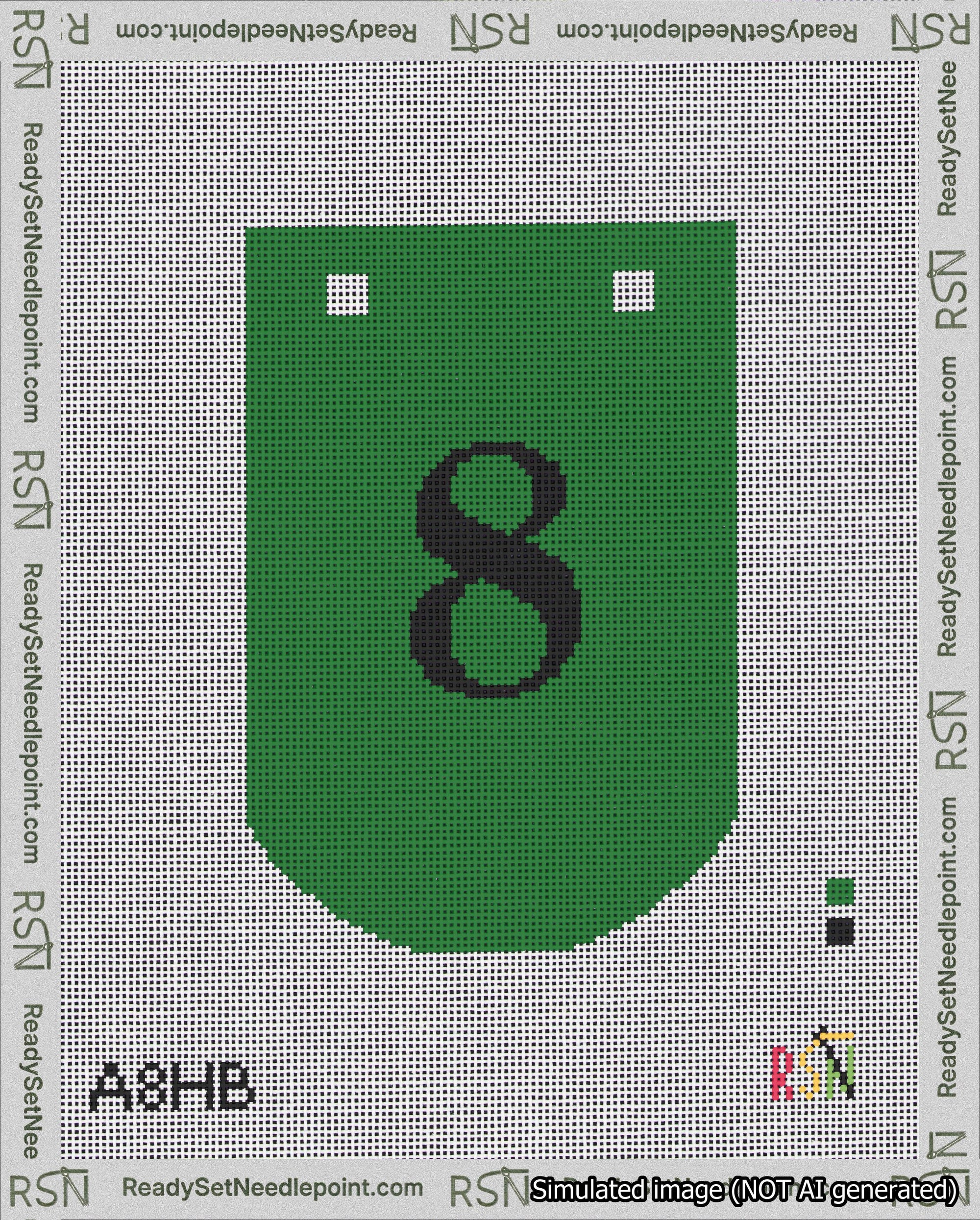A taped needlepoint canvas with the design: Banner 18 mesh count Curved 8 Black on Green.