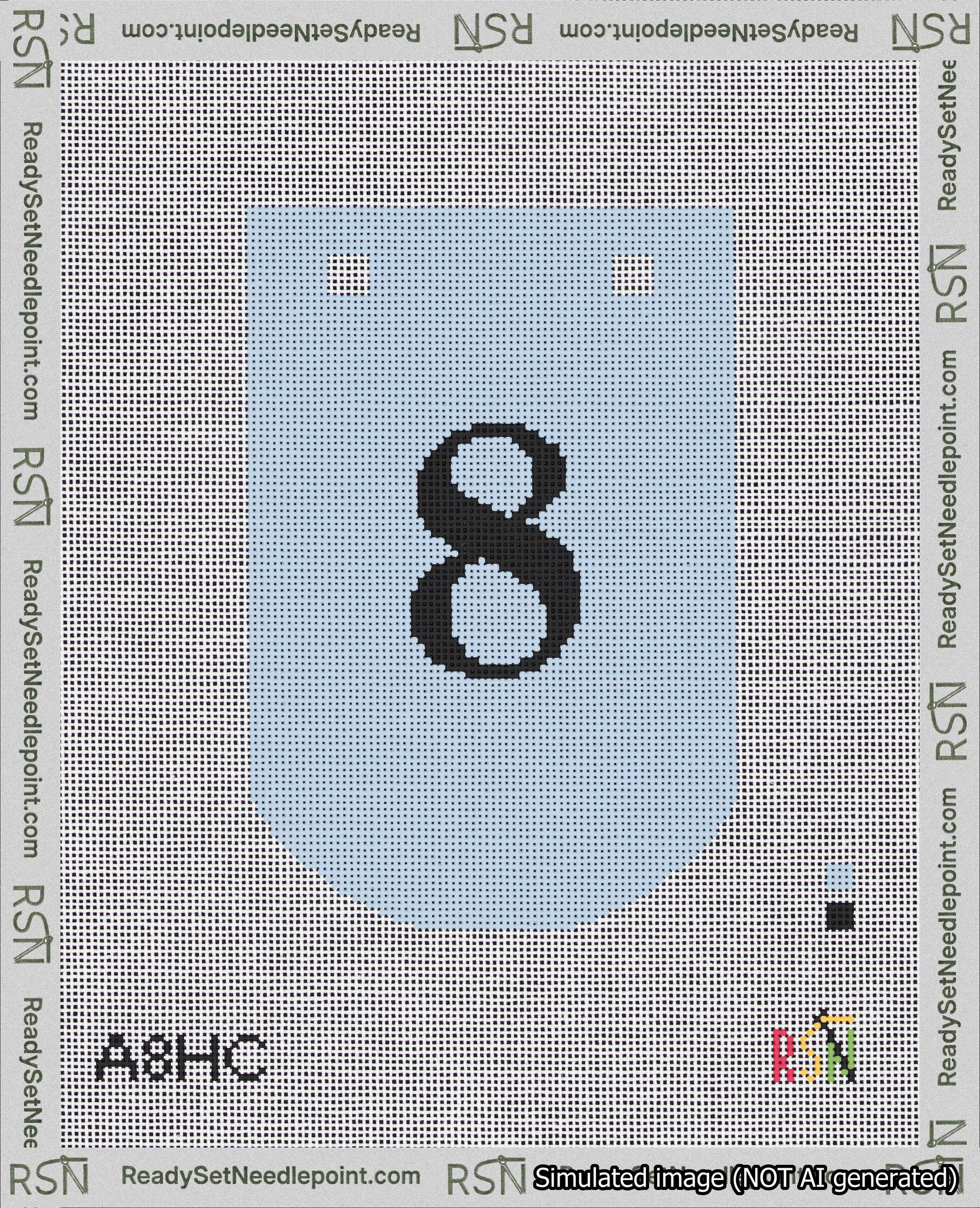 A taped needlepoint canvas with the design: Banner 18 mesh count Curved 8 Black on Light Blue.