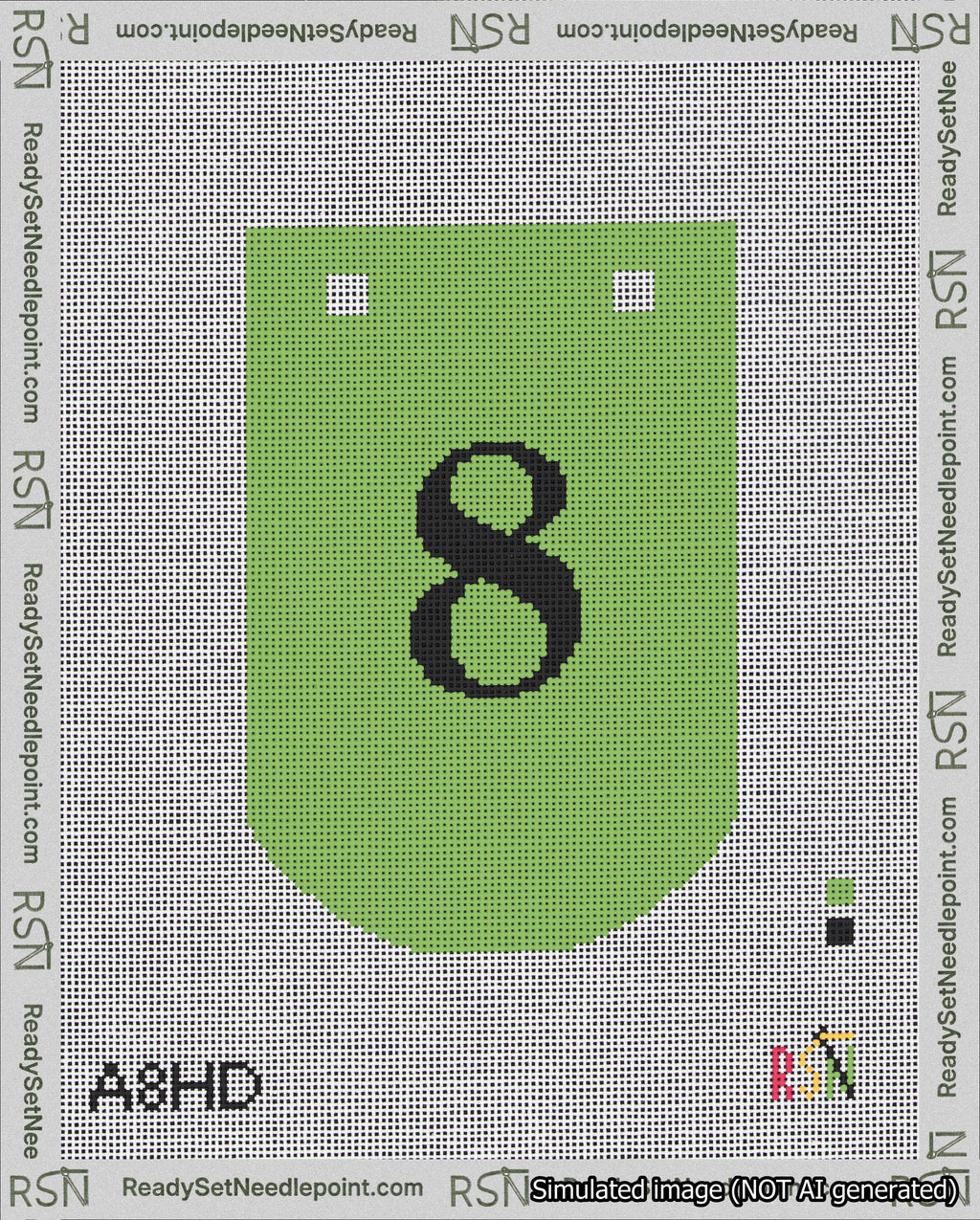 A taped needlepoint canvas with the design: Banner 18 mesh count Curved 8 Black on Light Green.
