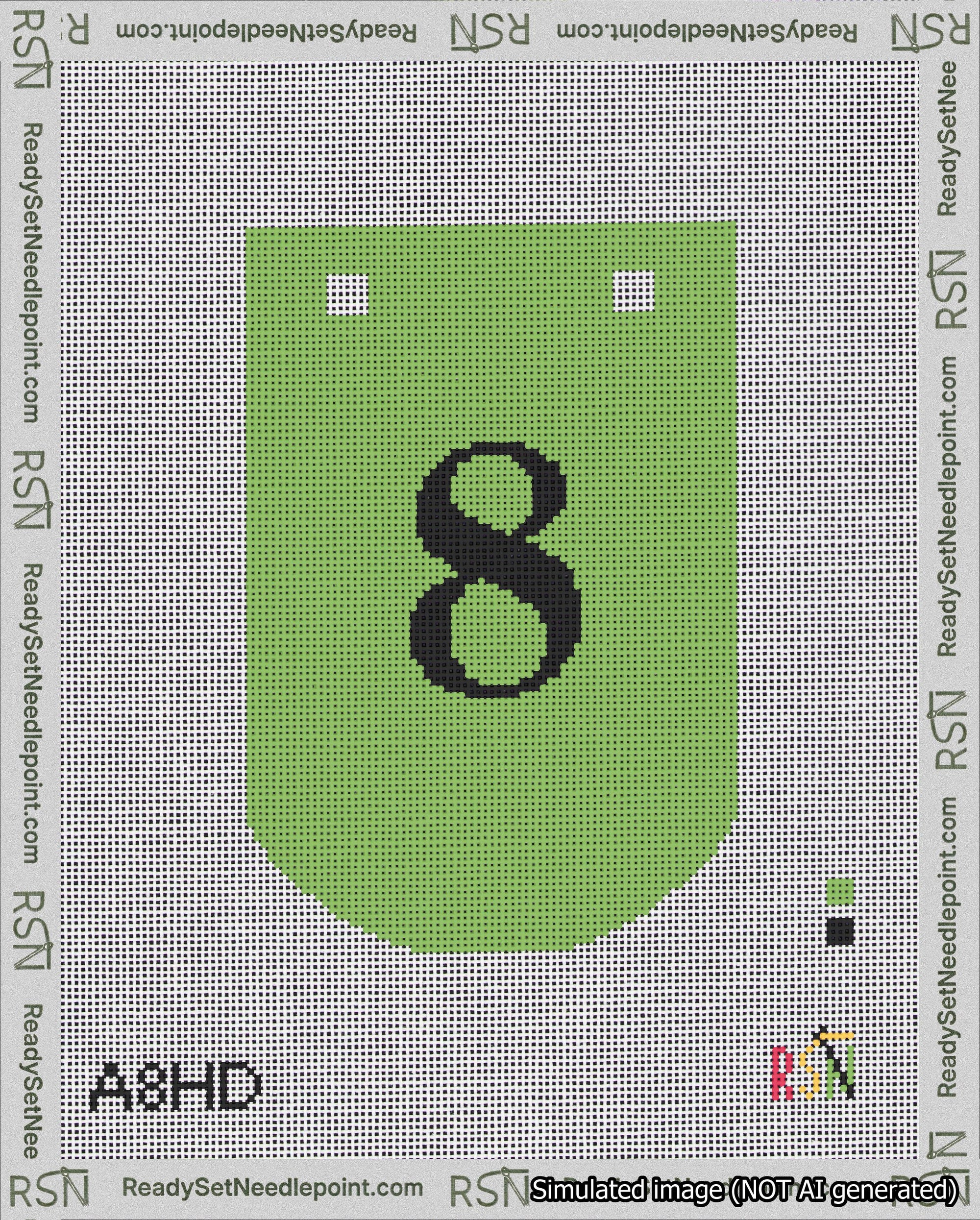 A taped needlepoint canvas with the design: Banner 18 mesh count Curved 8 Black on Light Green.