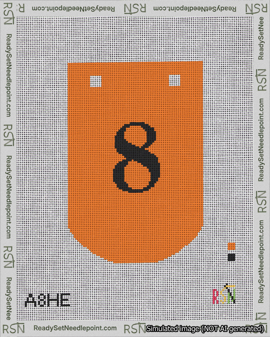 A taped needlepoint canvas with the design: Banner 18 mesh count Curved 8 Black on Orange.