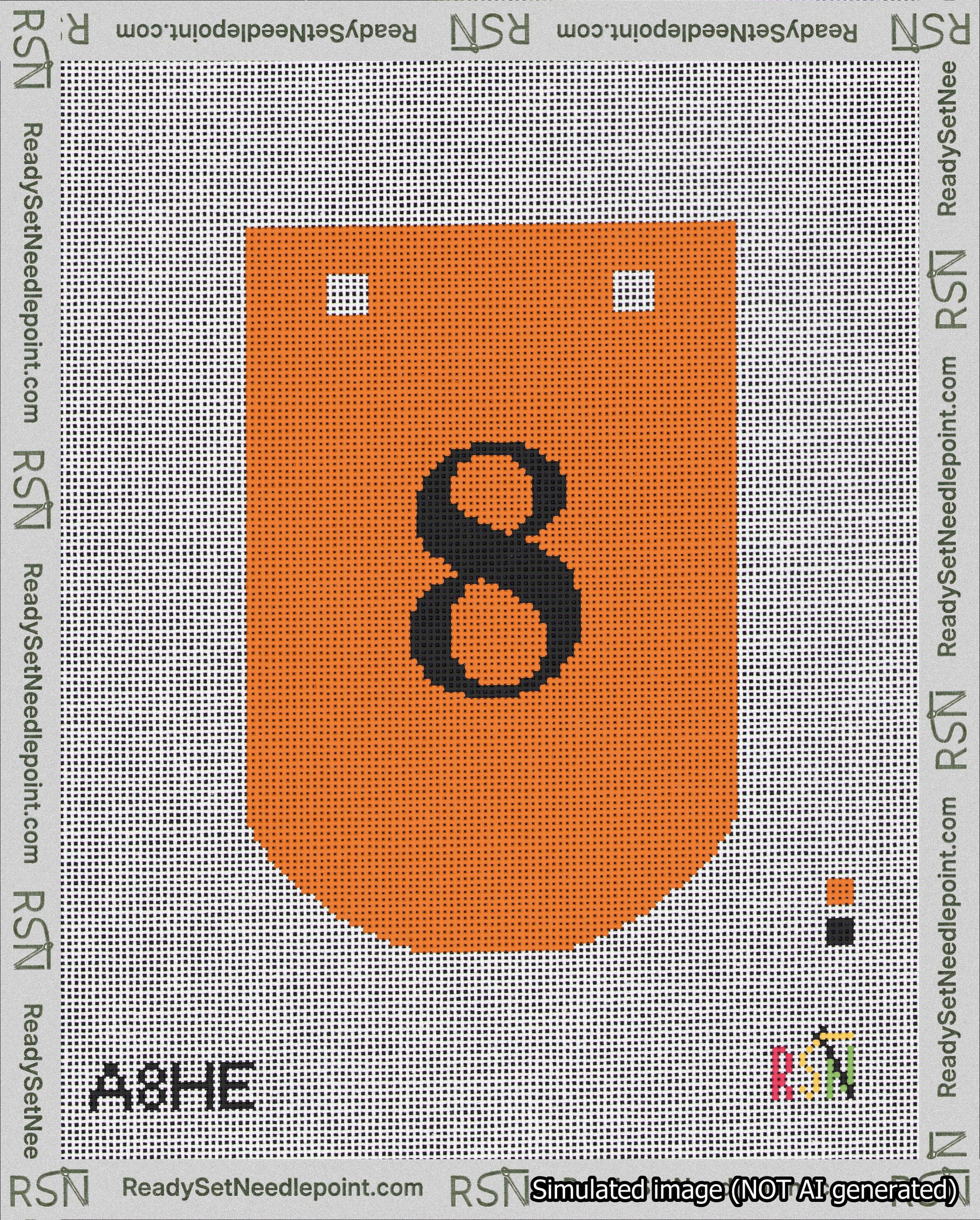 A taped needlepoint canvas with the design: Banner 18 mesh count Curved 8 Black on Orange.