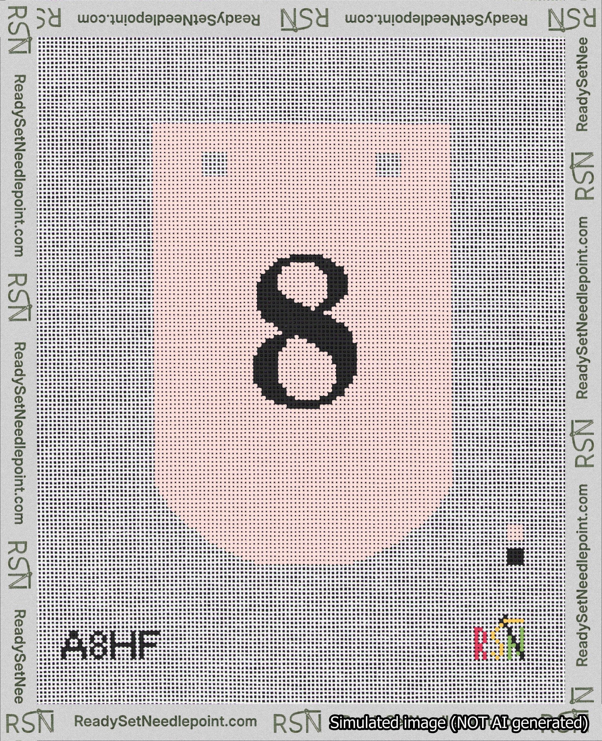 A taped needlepoint canvas with the design: Banner 18 mesh count Curved 8 Black on Pink.