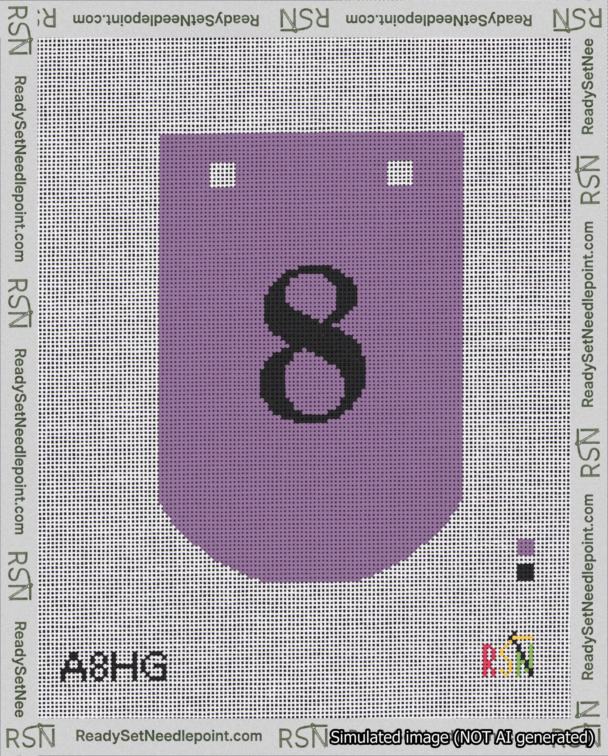 A taped needlepoint canvas with the design: Banner 18 mesh count Curved 8 Black on Purple.