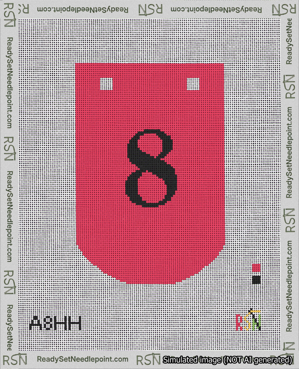 A taped needlepoint canvas with the design: Banner 18 mesh count Curved 8 Black on Red.