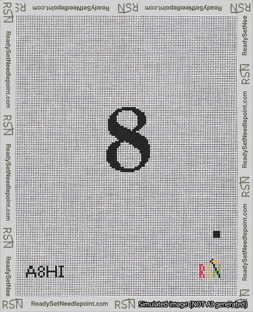 A taped needlepoint canvas with the design: Banner 18 mesh count Curved 8 Black on White.