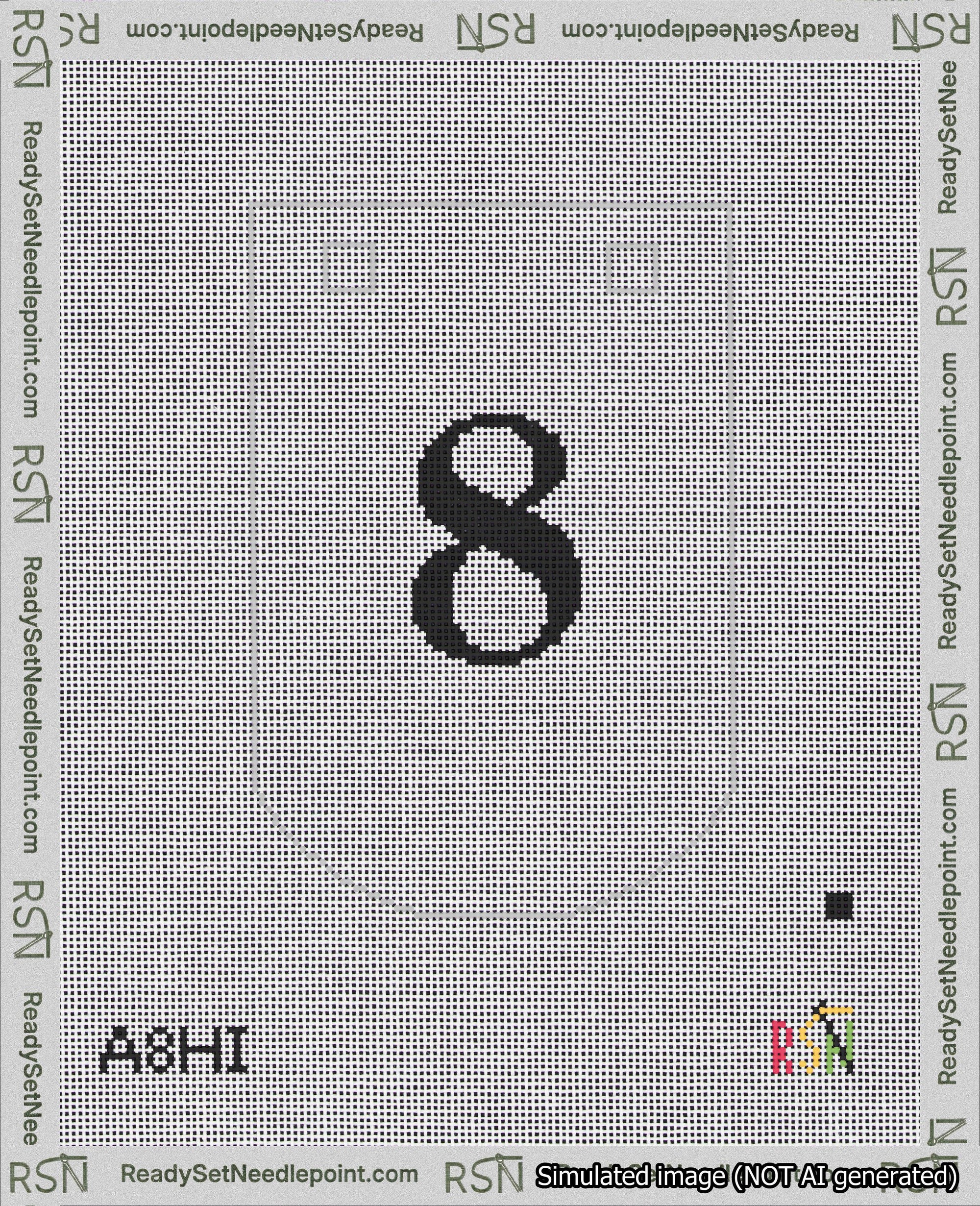 A taped needlepoint canvas with the design: Banner 18 mesh count Curved 8 Black on White.