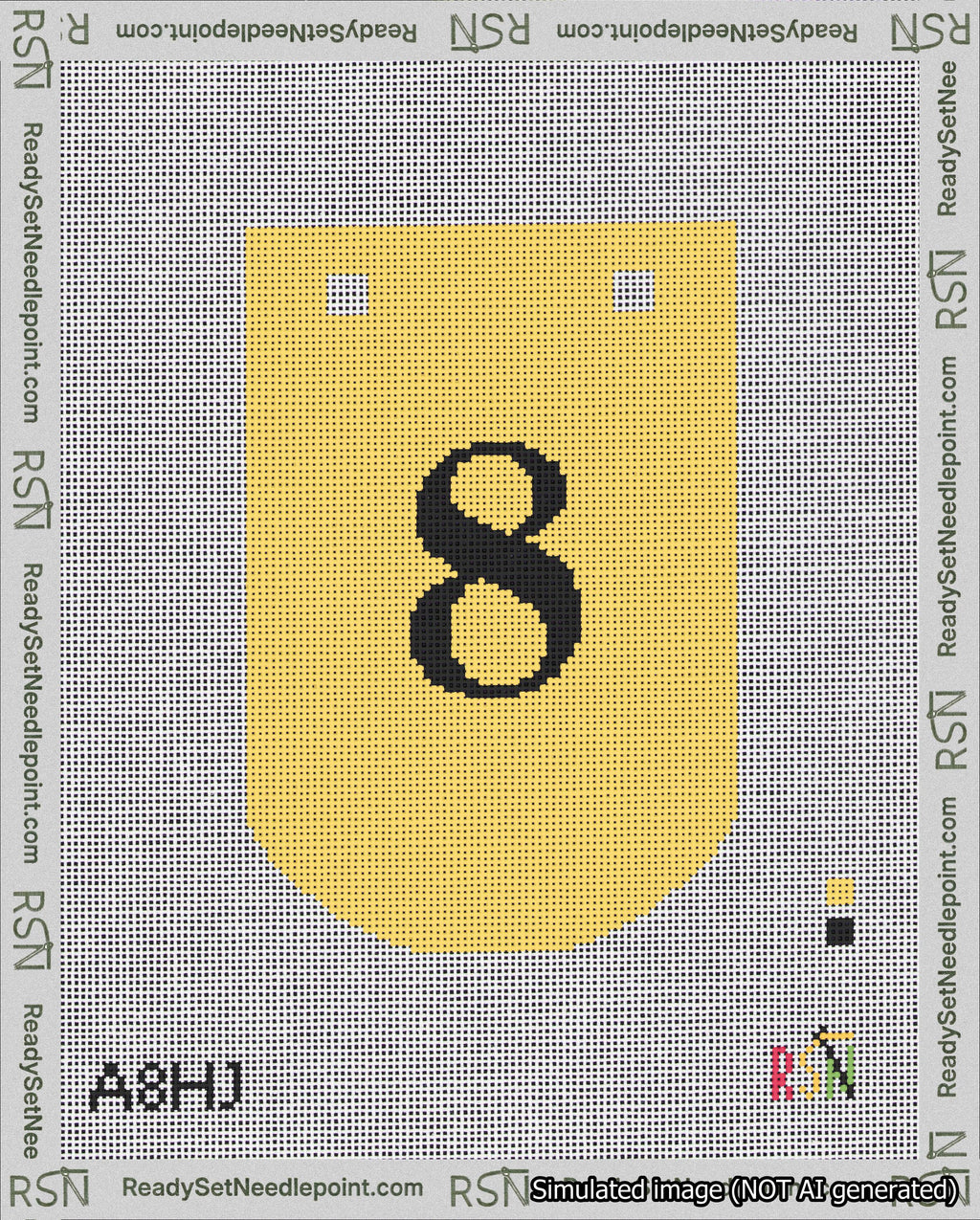 A taped needlepoint canvas with the design: Banner 18 mesh count Curved 8 Black on Yellow.