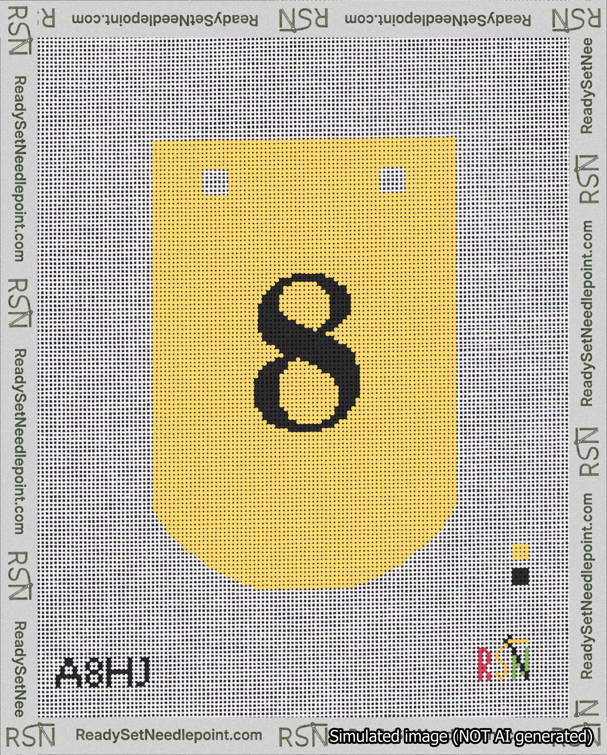 A taped needlepoint canvas with the design: Banner 18 mesh count Curved 8 Black on Yellow.