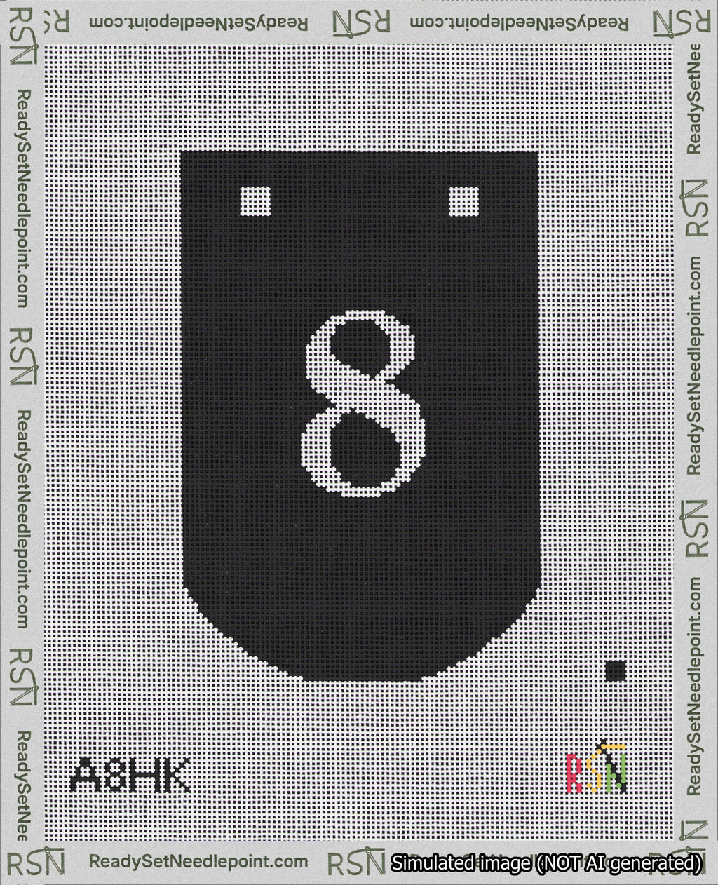 A taped needlepoint canvas with the design: Banner 18 mesh count Curved 8 White on Black.