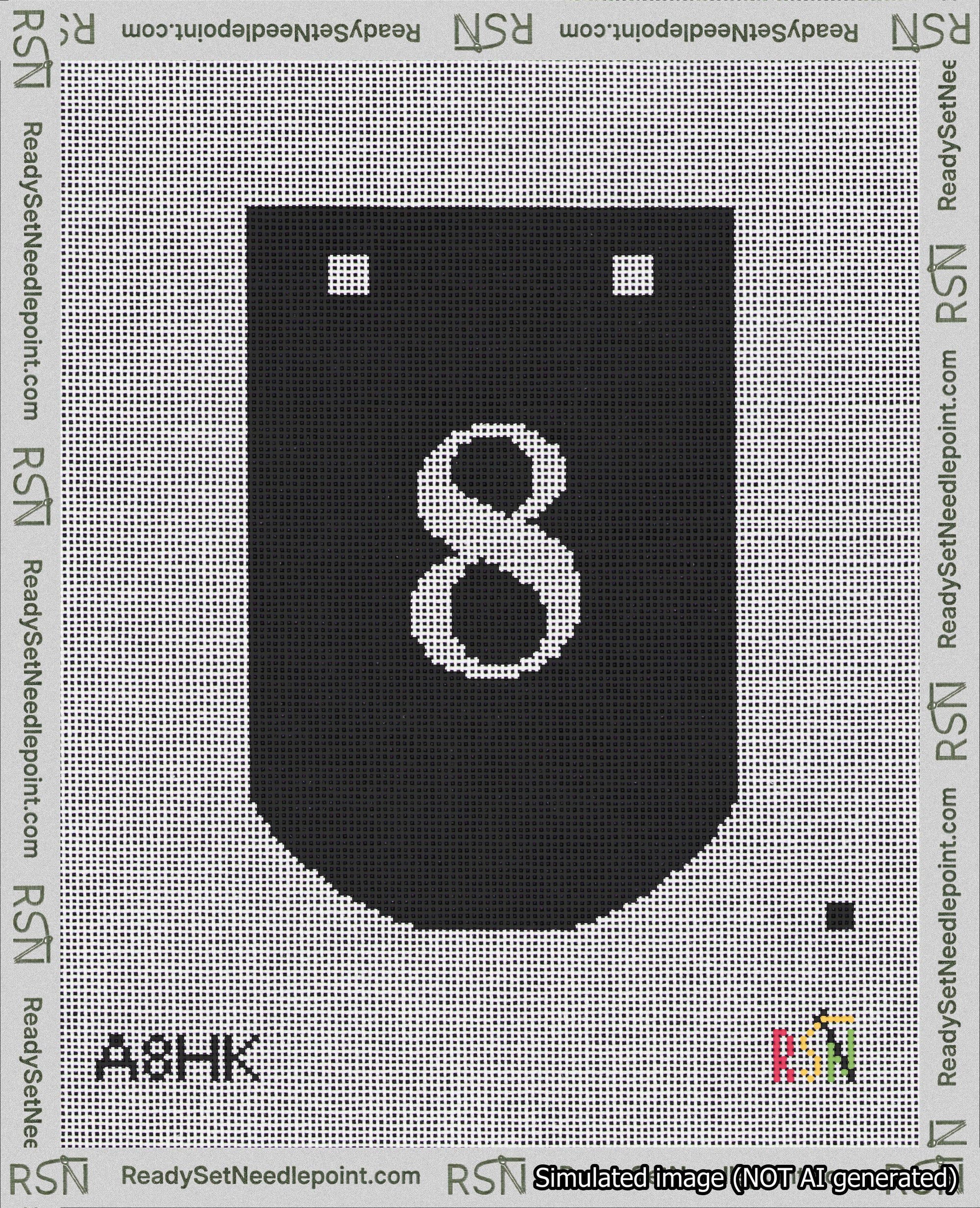 A taped needlepoint canvas with the design: Banner 18 mesh count Curved 8 White on Black.