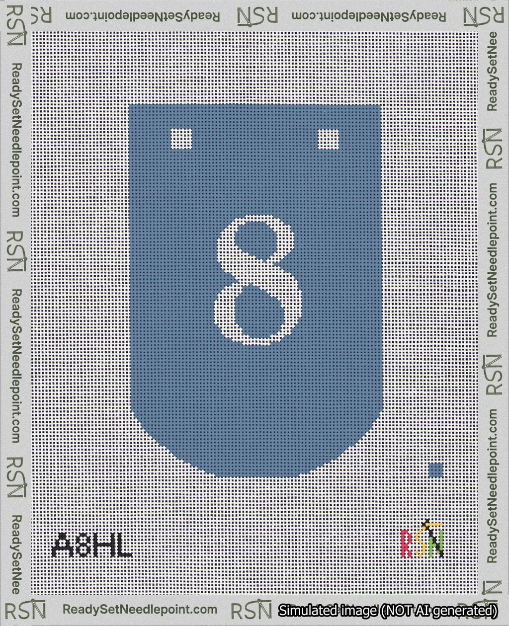 A taped needlepoint canvas with the design: Banner 18 mesh count Curved 8 White on Blue.