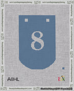 A taped needlepoint canvas with the design: Banner 18 mesh count Curved 8 White on Blue.