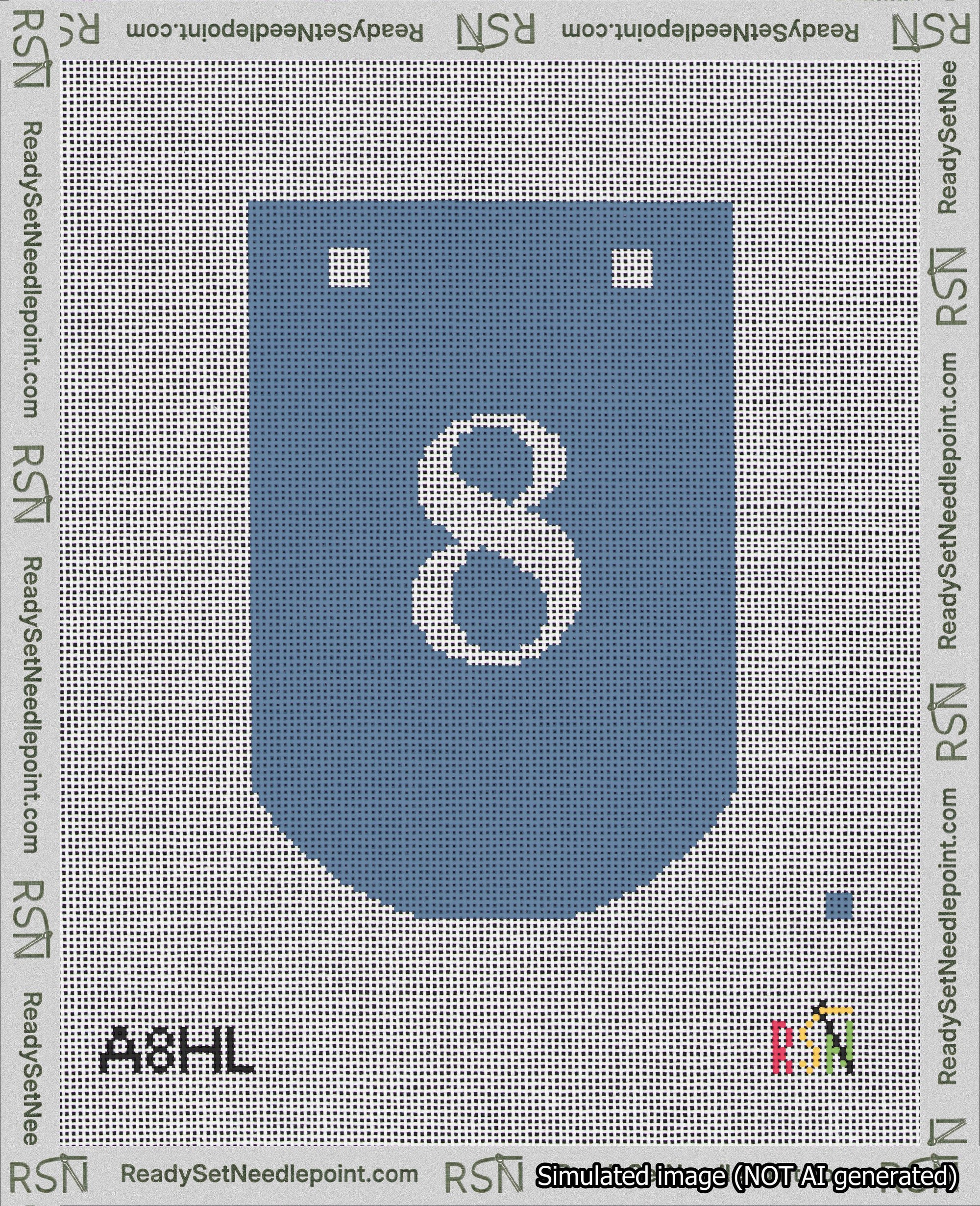 A taped needlepoint canvas with the design: Banner 18 mesh count Curved 8 White on Blue.