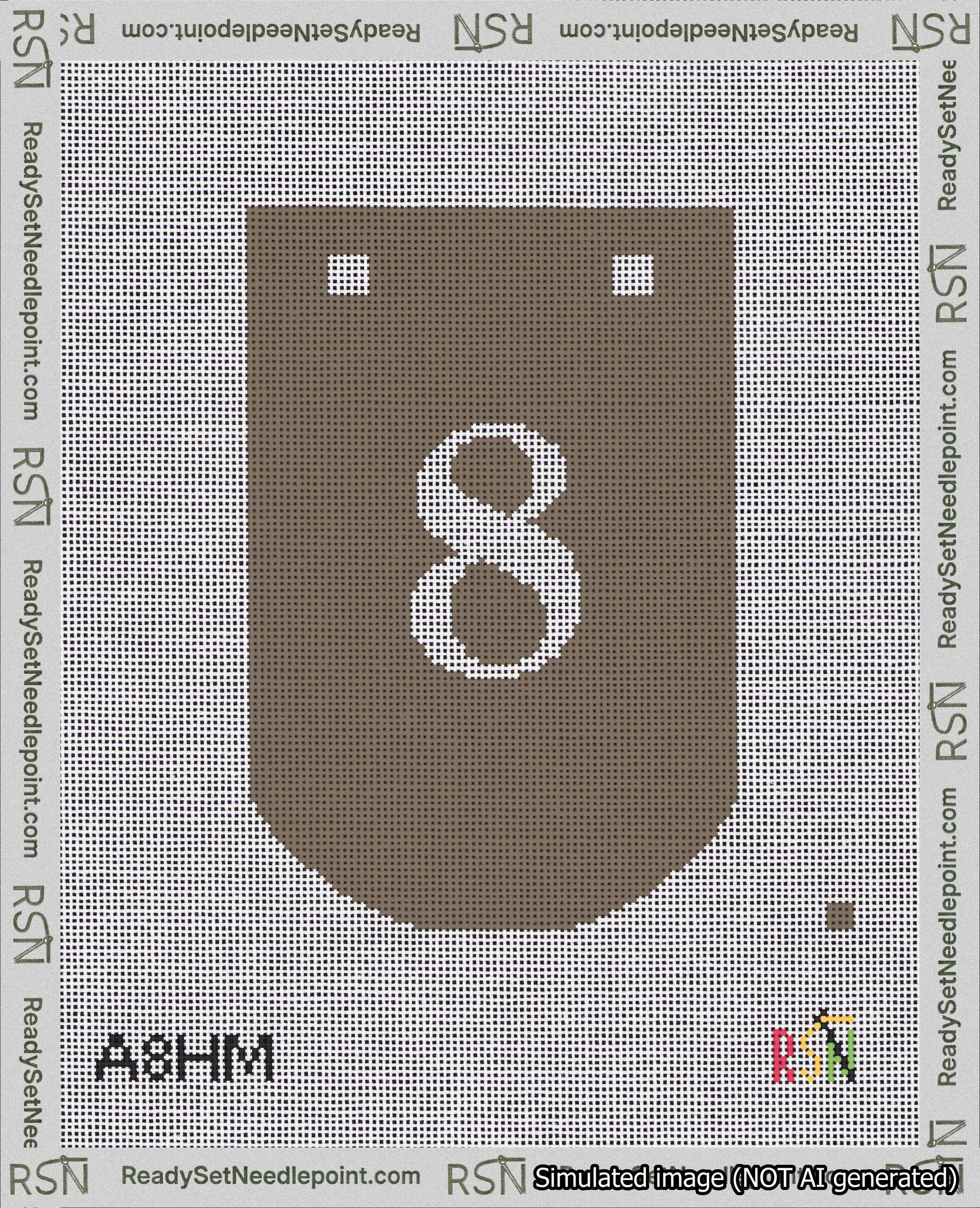 A taped needlepoint canvas with the design: Banner 18 mesh count Curved 8 White on Brown.