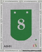 A taped needlepoint canvas with the design: Banner 18 mesh count Curved 8 White on Green.