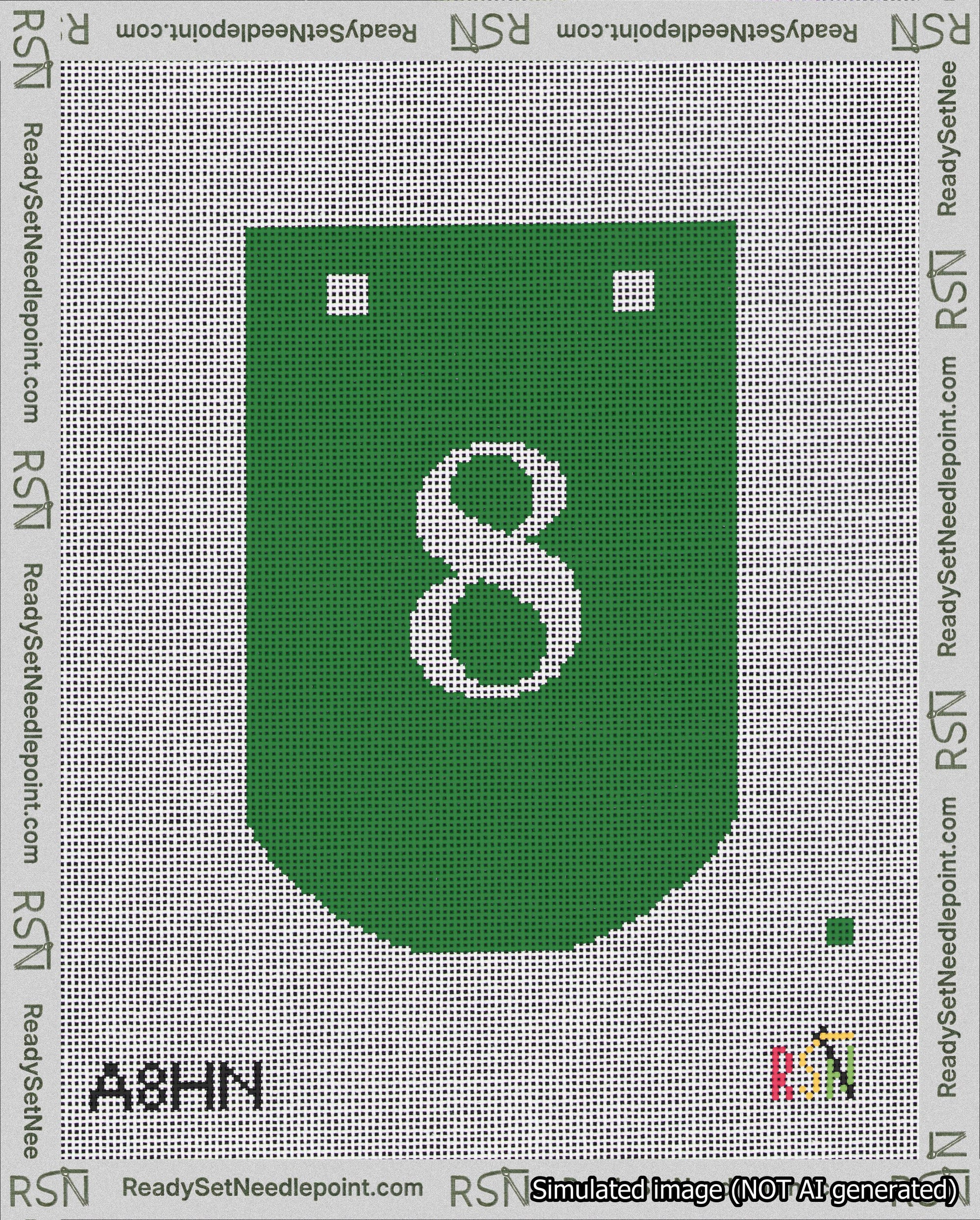 A taped needlepoint canvas with the design: Banner 18 mesh count Curved 8 White on Green.
