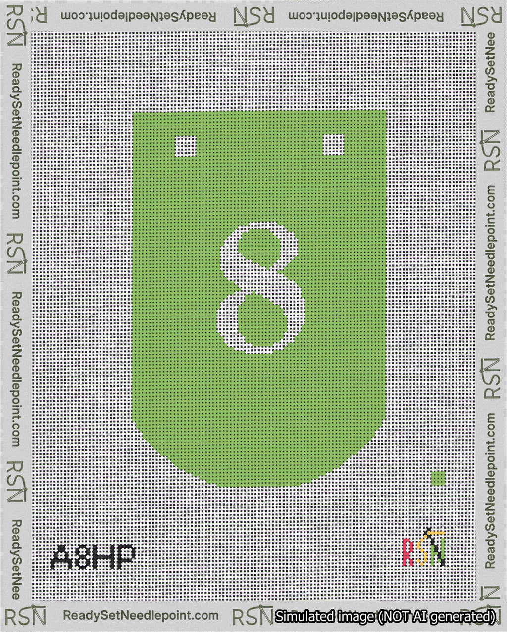 A taped needlepoint canvas with the design: Banner 18 mesh count Curved 8 White on Light Green.