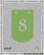A taped needlepoint canvas with the design: Banner 18 mesh count Curved 8 White on Light Green.
