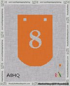 A taped needlepoint canvas with the design: Banner 18 mesh count Curved 8 White on Orange.