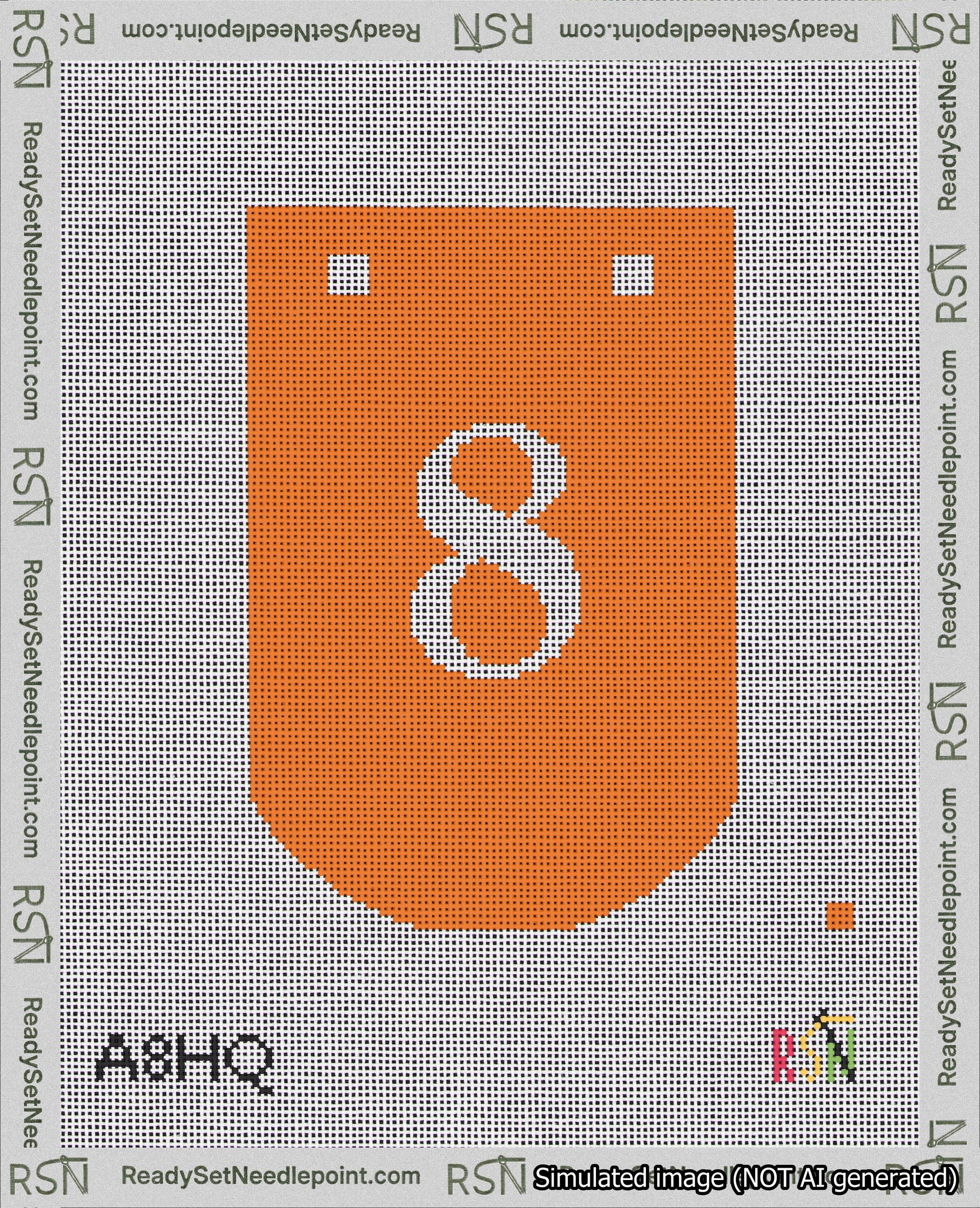 A taped needlepoint canvas with the design: Banner 18 mesh count Curved 8 White on Orange.