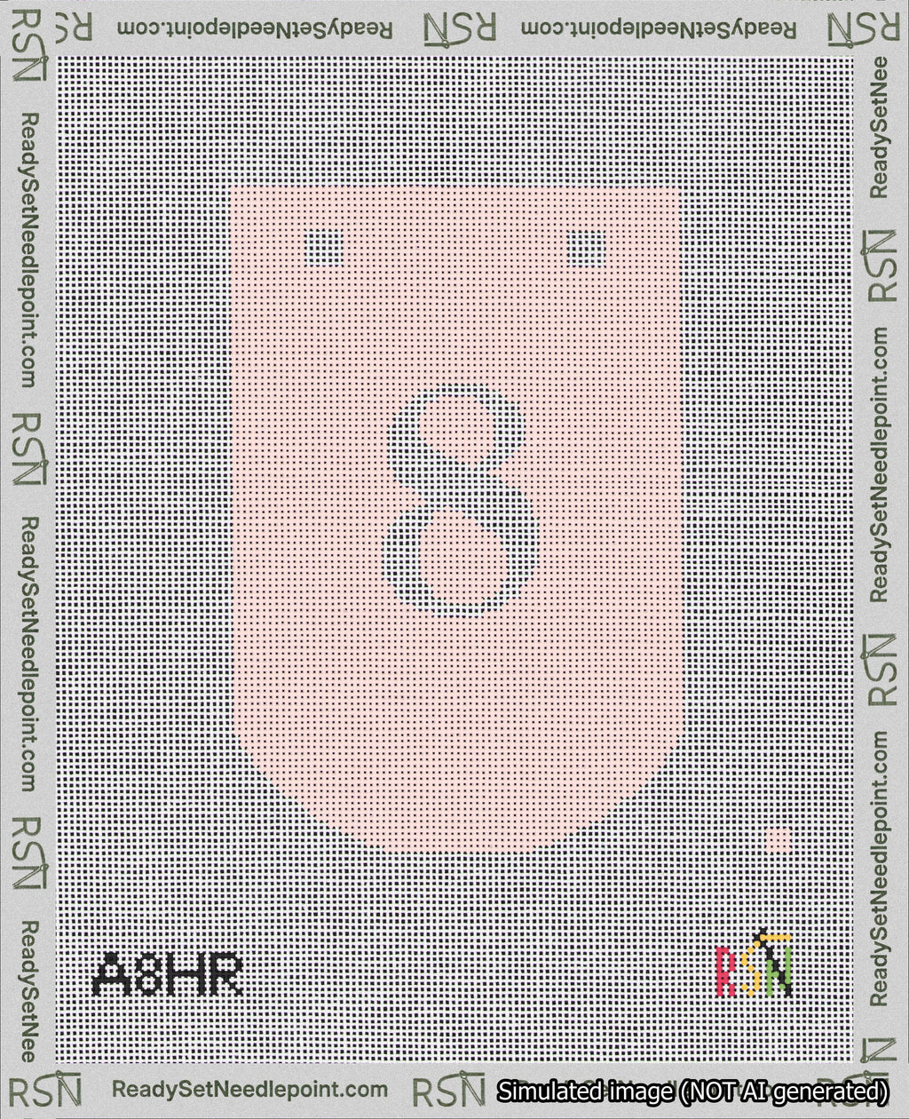 A taped needlepoint canvas with the design: Banner 18 mesh count Curved 8 White on Pink.