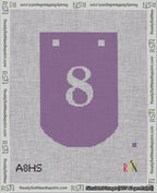 A taped needlepoint canvas with the design: Banner 18 mesh count Curved 8 White on Purple.