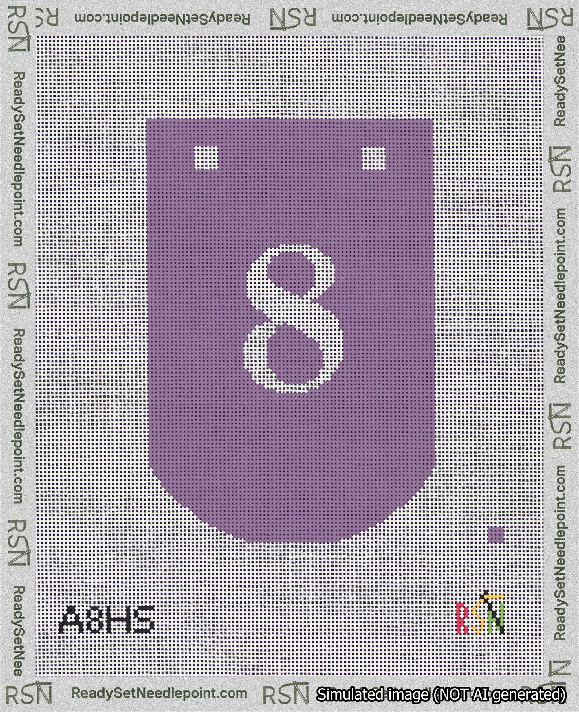A taped needlepoint canvas with the design: Banner 18 mesh count Curved 8 White on Purple.