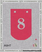 A taped needlepoint canvas with the design: Banner 18 mesh count Curved 8 White on Red.