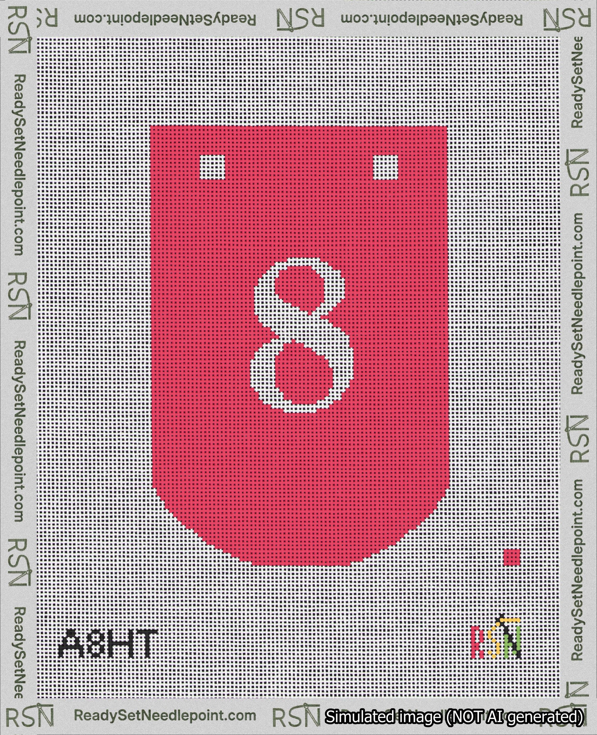 A taped needlepoint canvas with the design: Banner 18 mesh count Curved 8 White on Red.