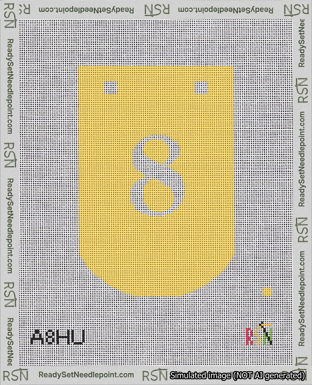A taped needlepoint canvas with the design: Banner 18 mesh count Curved 8 White on Yellow.