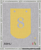 A taped needlepoint canvas with the design: Banner 18 mesh count Curved 8 White on Yellow.