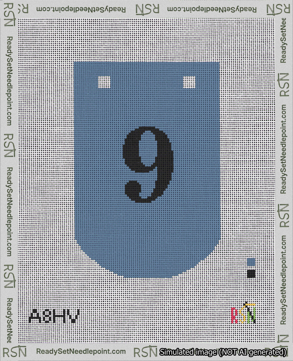 A taped needlepoint canvas with the design: Banner 18 mesh count Curved 9 Black on Blue.