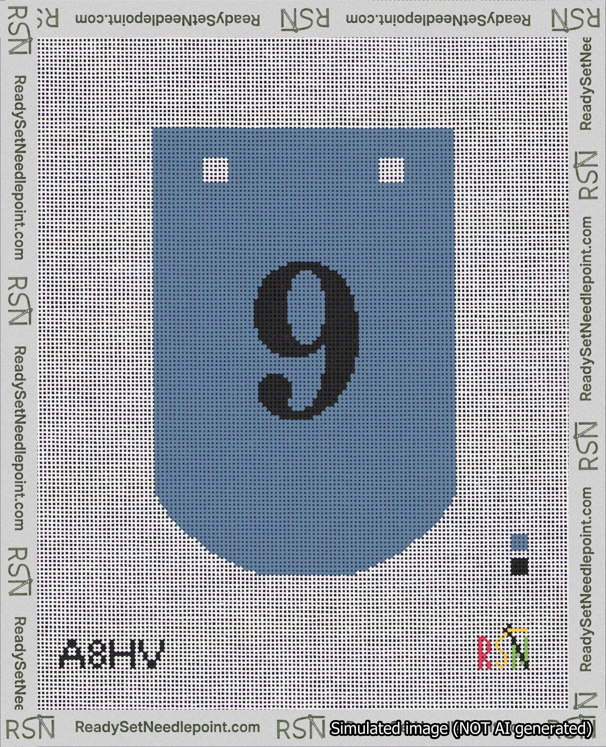 A taped needlepoint canvas with the design: Banner 18 mesh count Curved 9 Black on Blue.