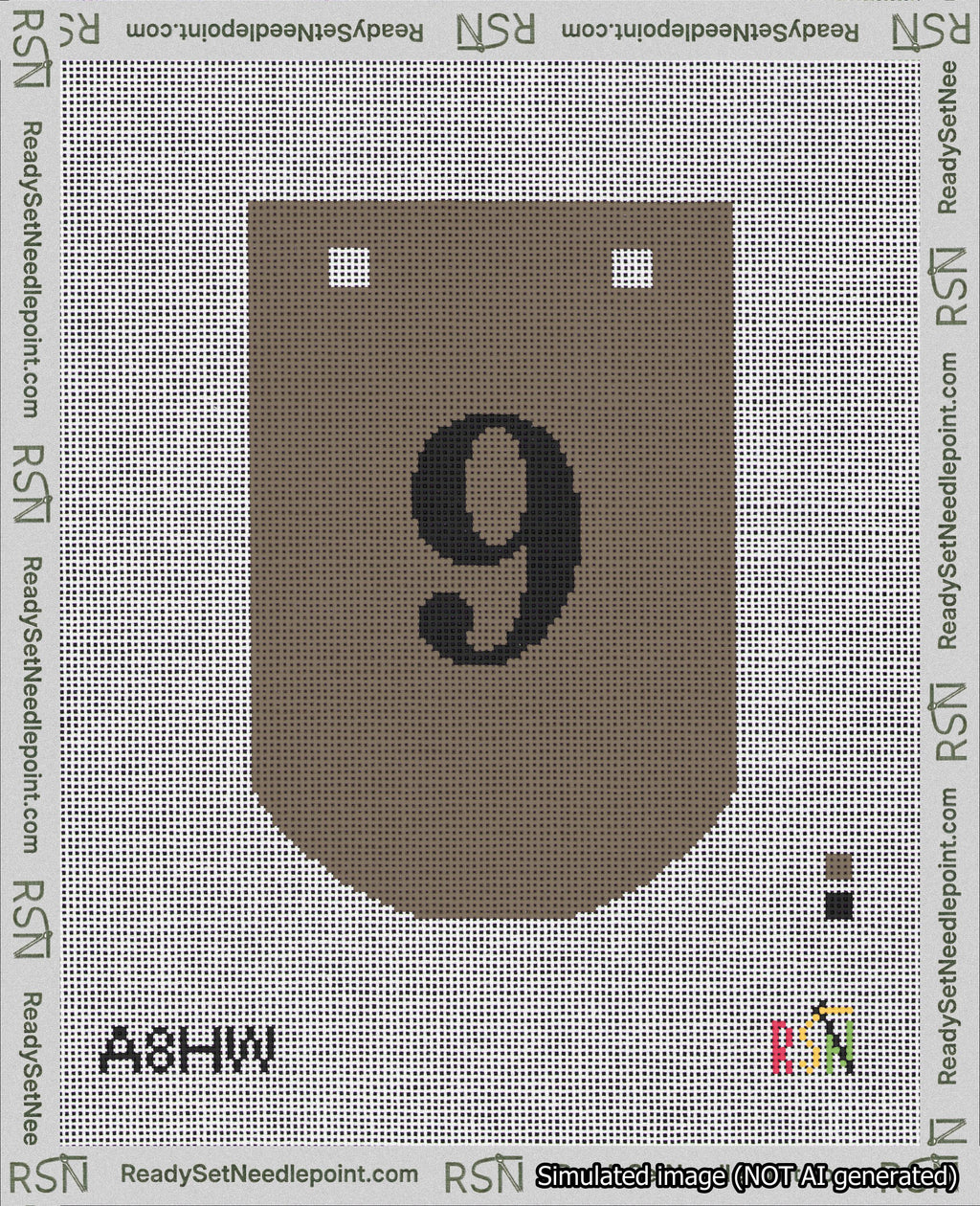 A taped needlepoint canvas with the design: Banner 18 mesh count Curved 9 Black on Brown.