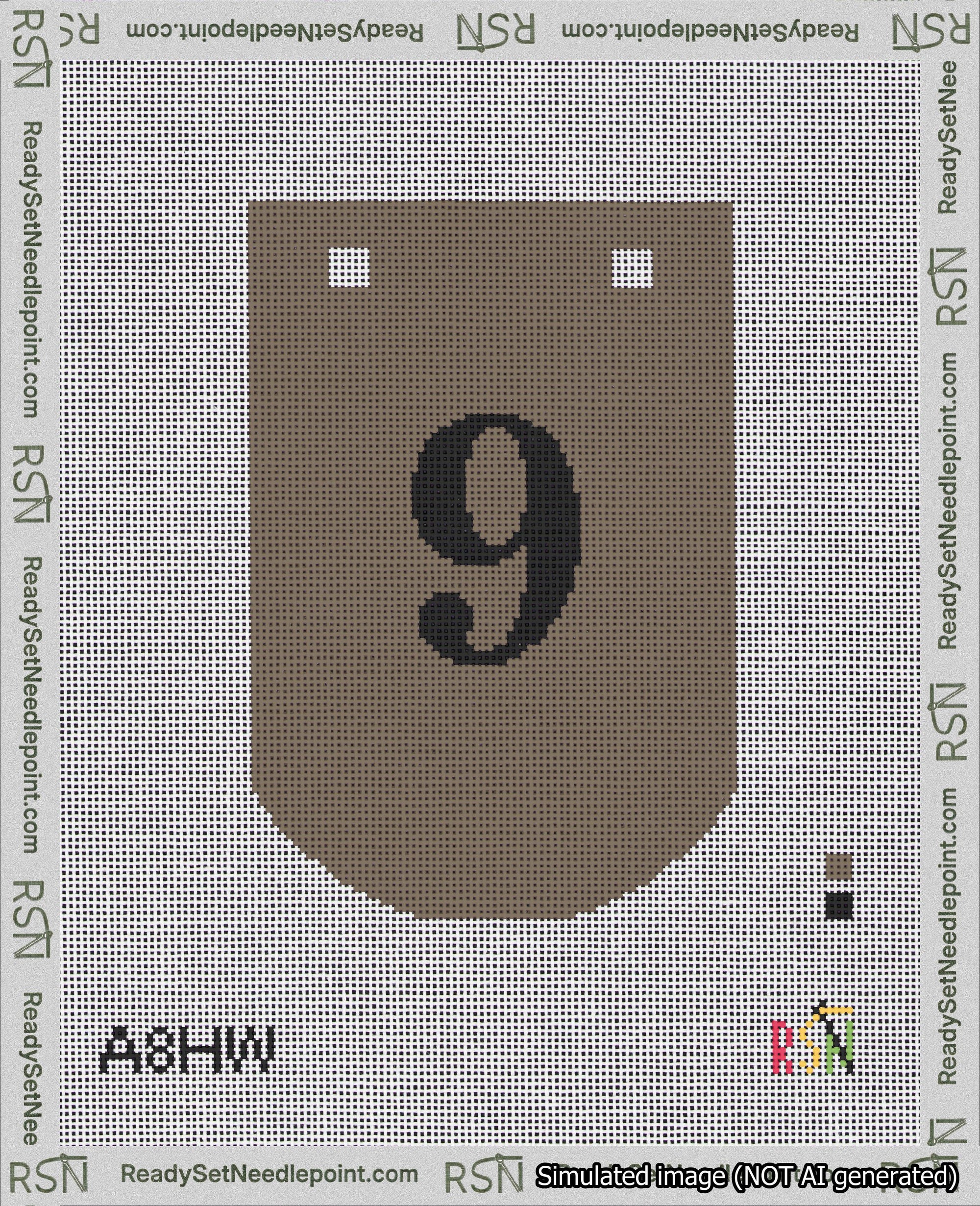 A taped needlepoint canvas with the design: Banner 18 mesh count Curved 9 Black on Brown.