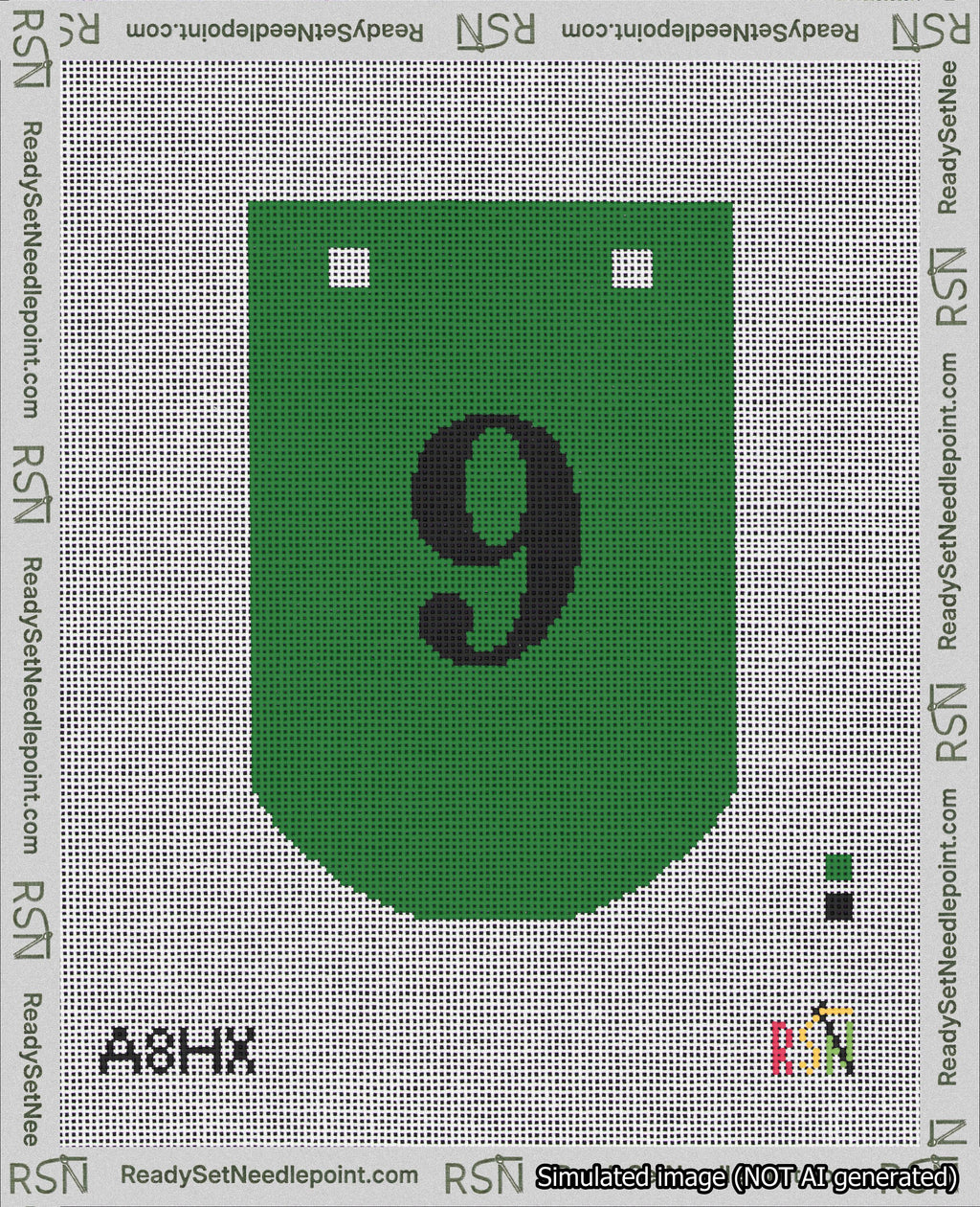 A taped needlepoint canvas with the design: Banner 18 mesh count Curved 9 Black on Green.