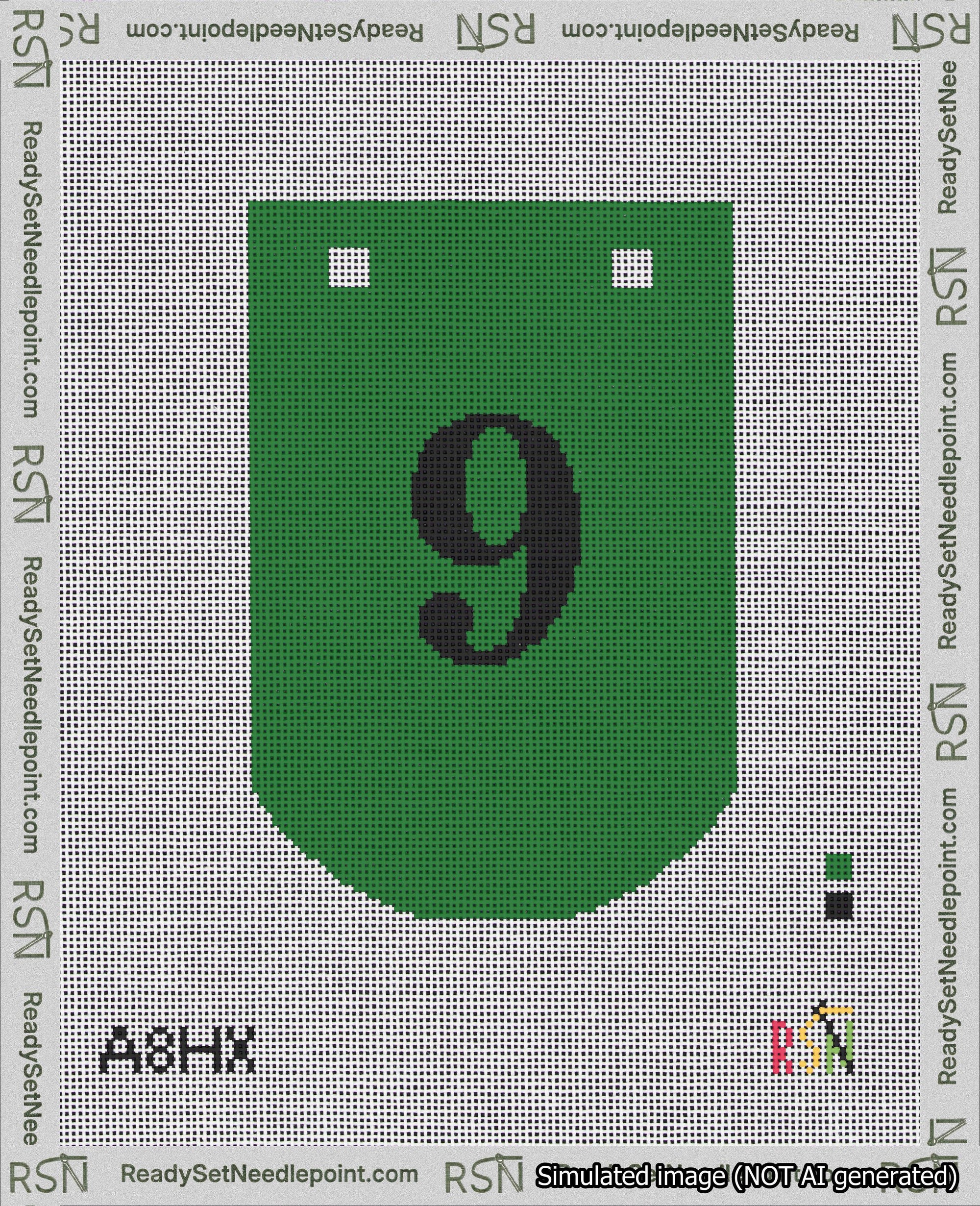 A taped needlepoint canvas with the design: Banner 18 mesh count Curved 9 Black on Green.