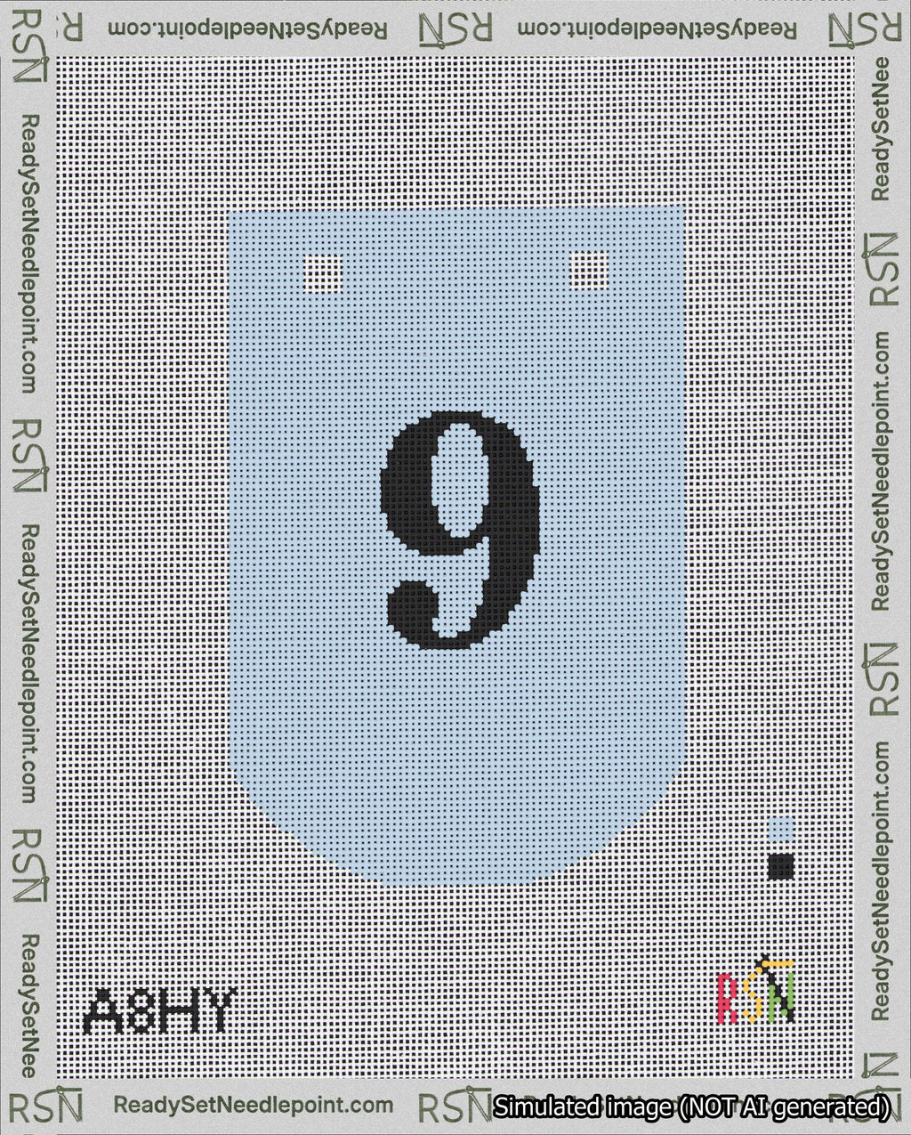 A taped needlepoint canvas with the design: Banner 18 mesh count Curved 9 Black on Light Blue.