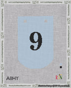 A taped needlepoint canvas with the design: Banner 18 mesh count Curved 9 Black on Light Blue.