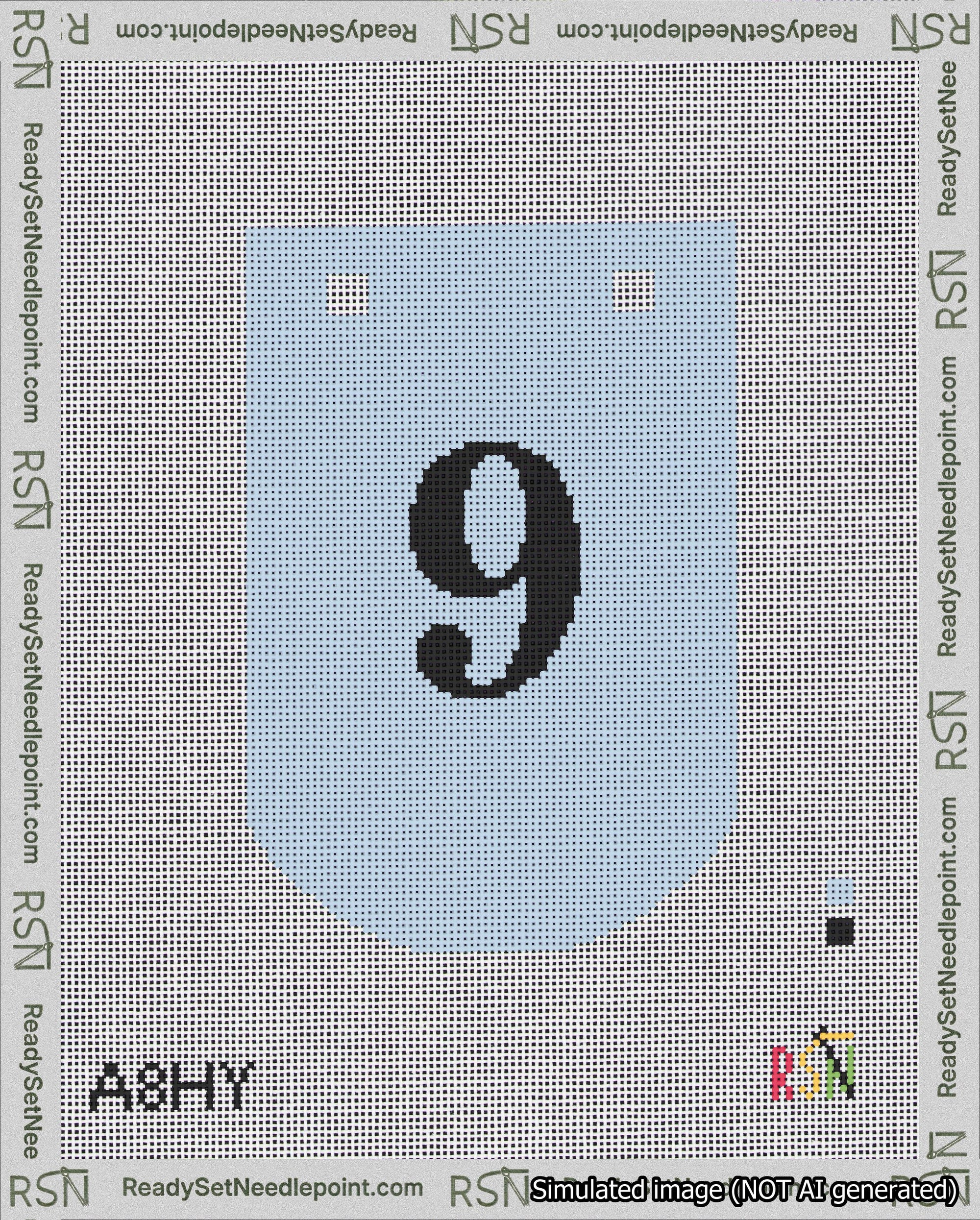 A taped needlepoint canvas with the design: Banner 18 mesh count Curved 9 Black on Light Blue.