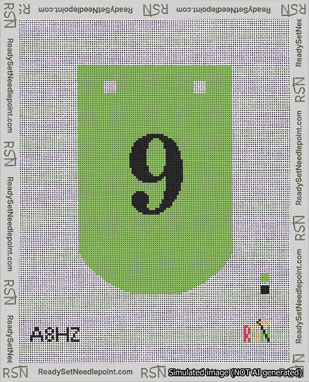 A taped needlepoint canvas with the design: Banner 18 mesh count Curved 9 Black on Light Green.