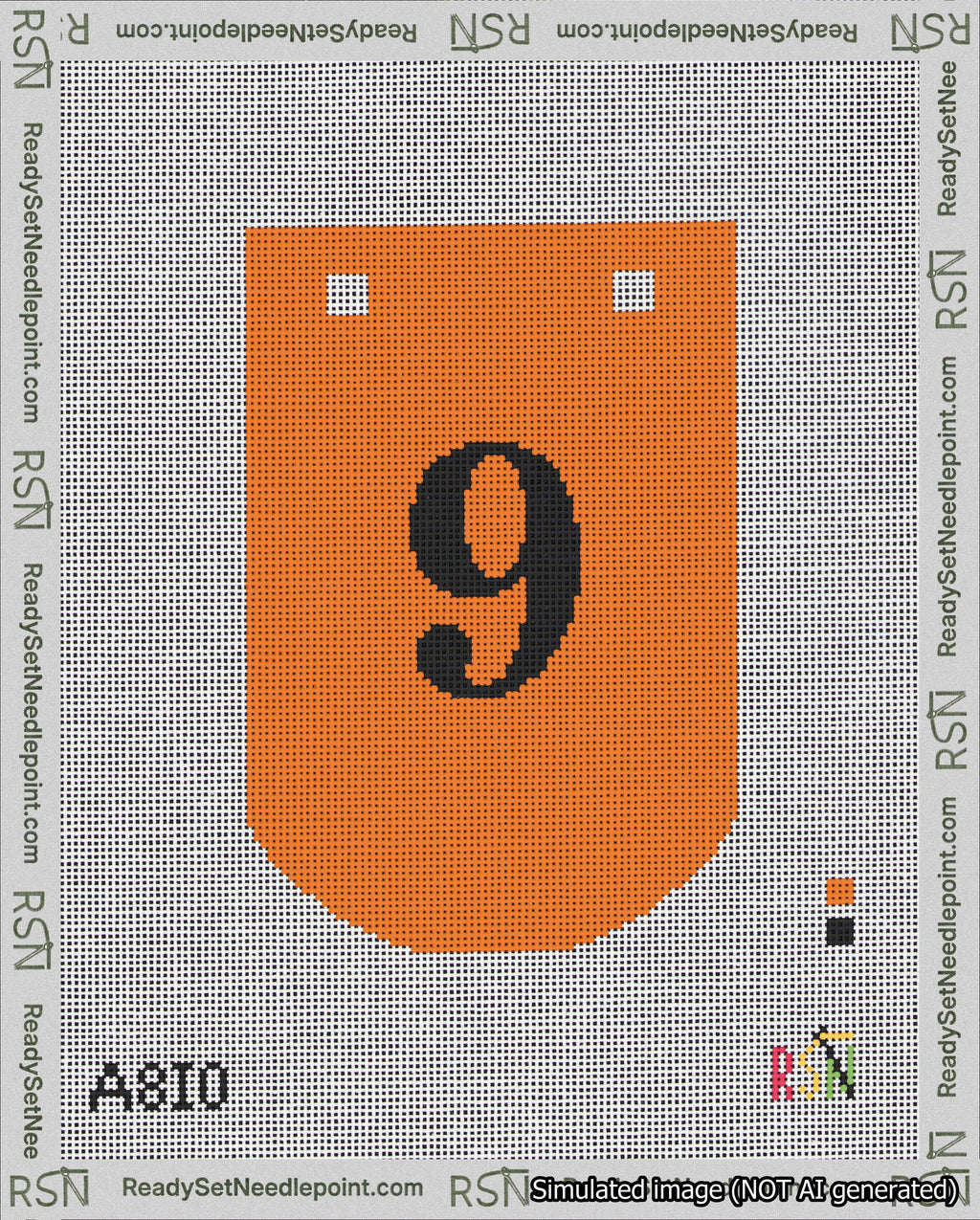 A taped needlepoint canvas with the design: Banner 18 mesh count Curved 9 Black on Orange.