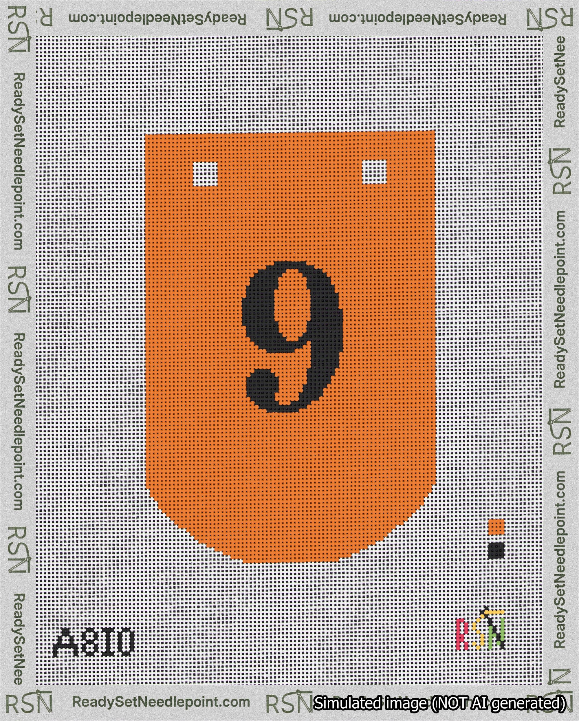 A taped needlepoint canvas with the design: Banner 18 mesh count Curved 9 Black on Orange.