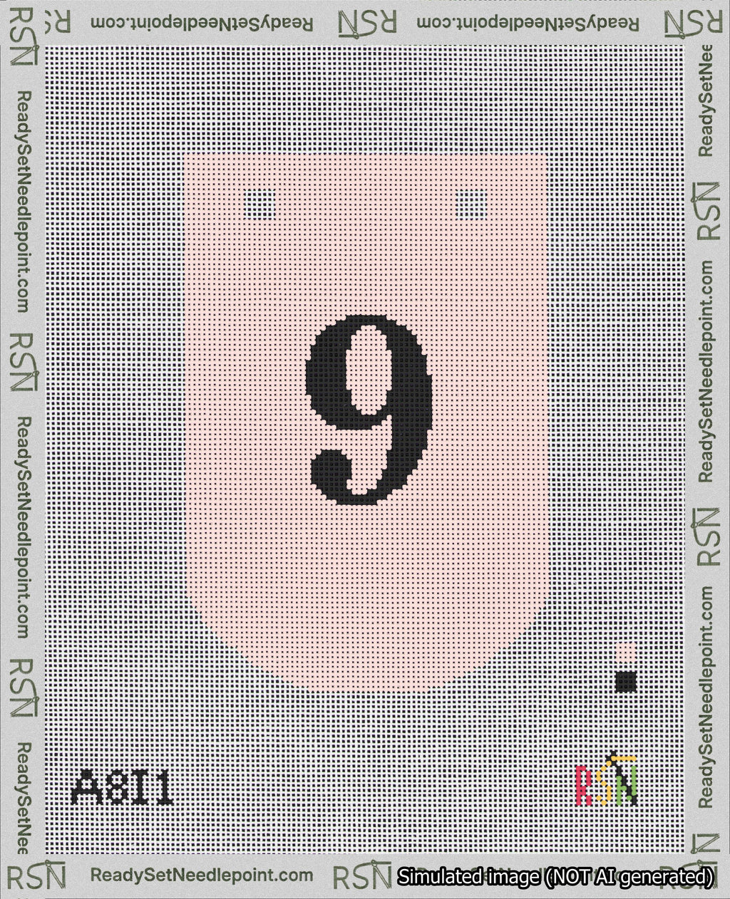 A taped needlepoint canvas with the design: Banner 18 mesh count Curved 9 Black on Pink.
