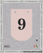A taped needlepoint canvas with the design: Banner 18 mesh count Curved 9 Black on Pink.