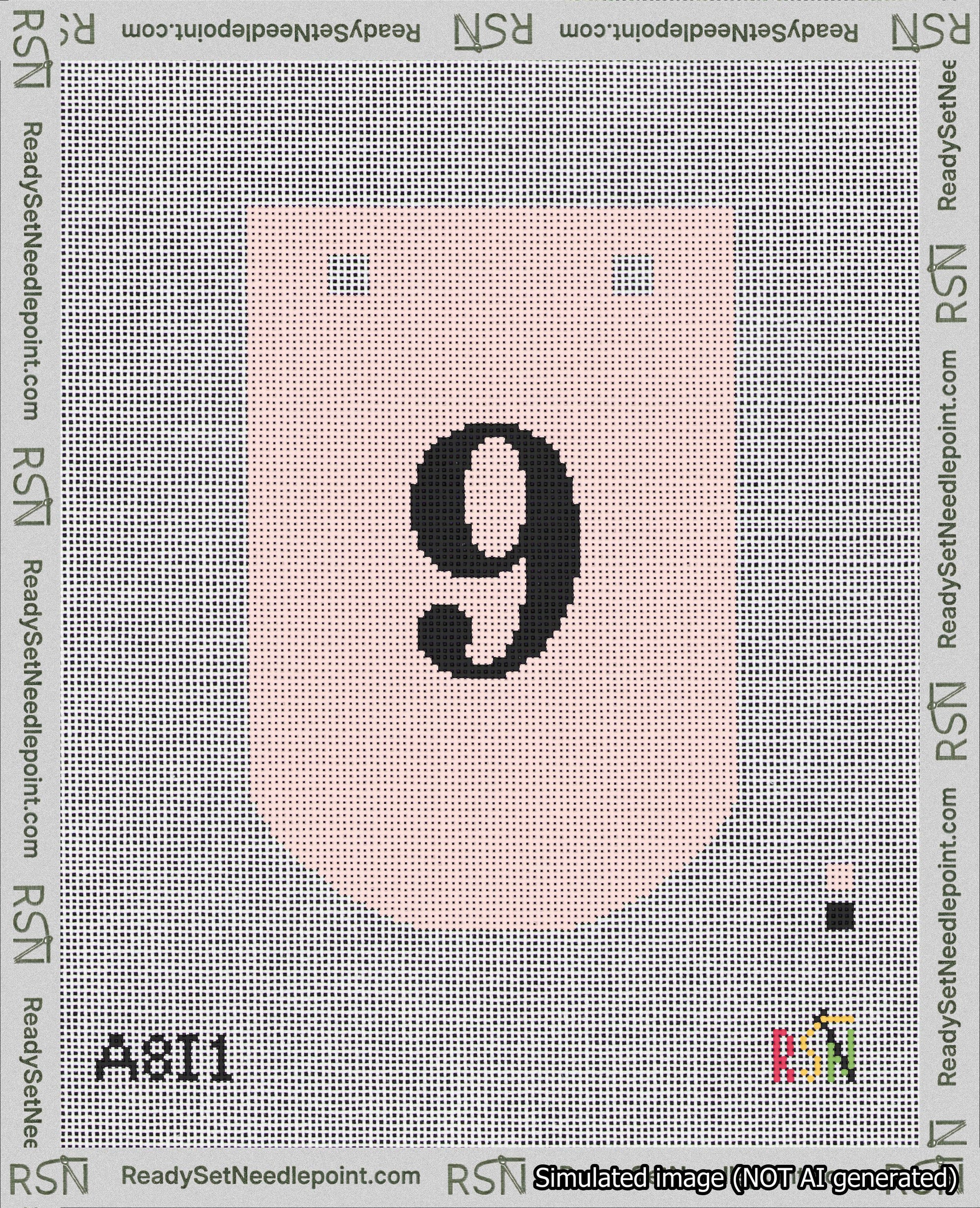 A taped needlepoint canvas with the design: Banner 18 mesh count Curved 9 Black on Pink.