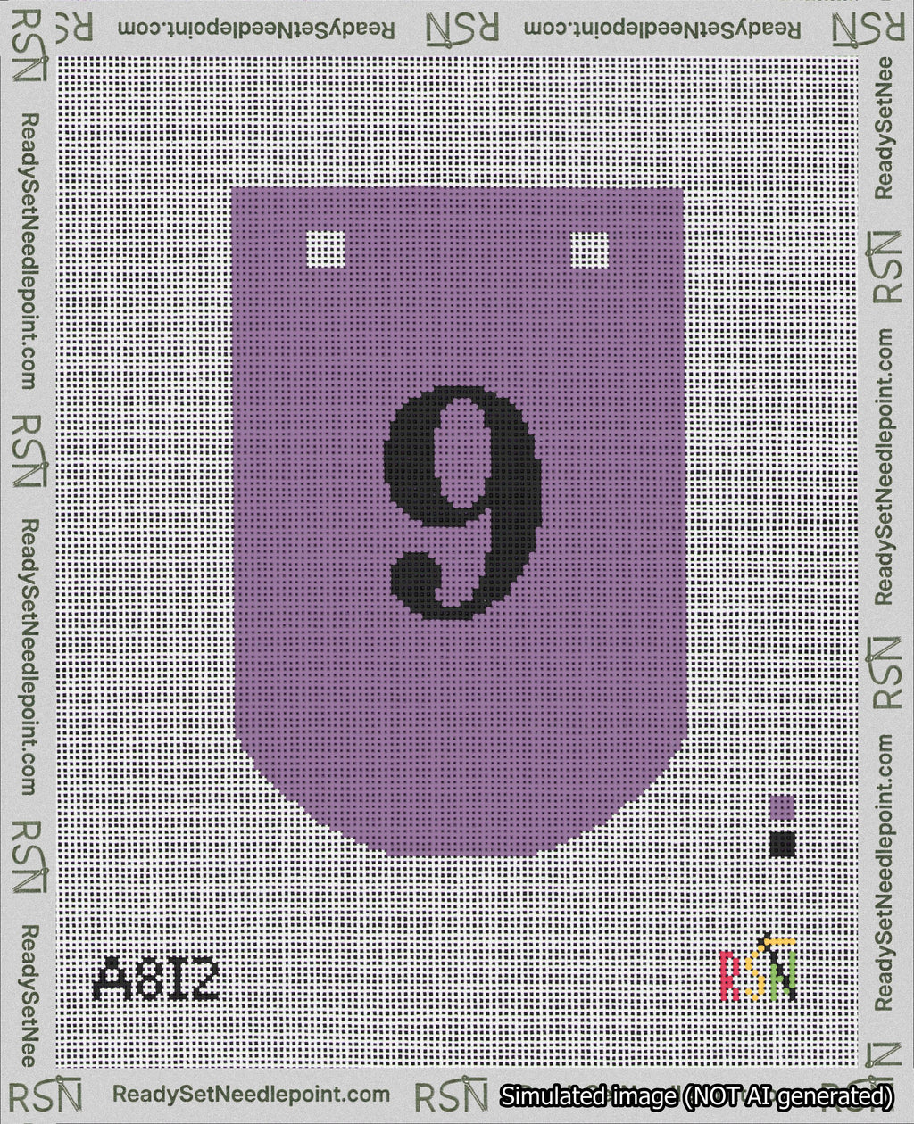 A taped needlepoint canvas with the design: Banner 18 mesh count Curved 9 Black on Purple.